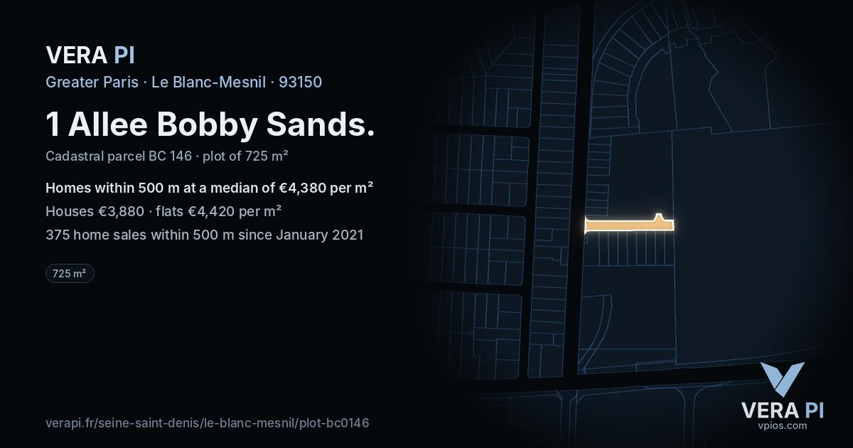 1 Allee Bobby Sands, Le Blanc-Mesnil at night – the plot lit, the parcels around coloured by the prices near them