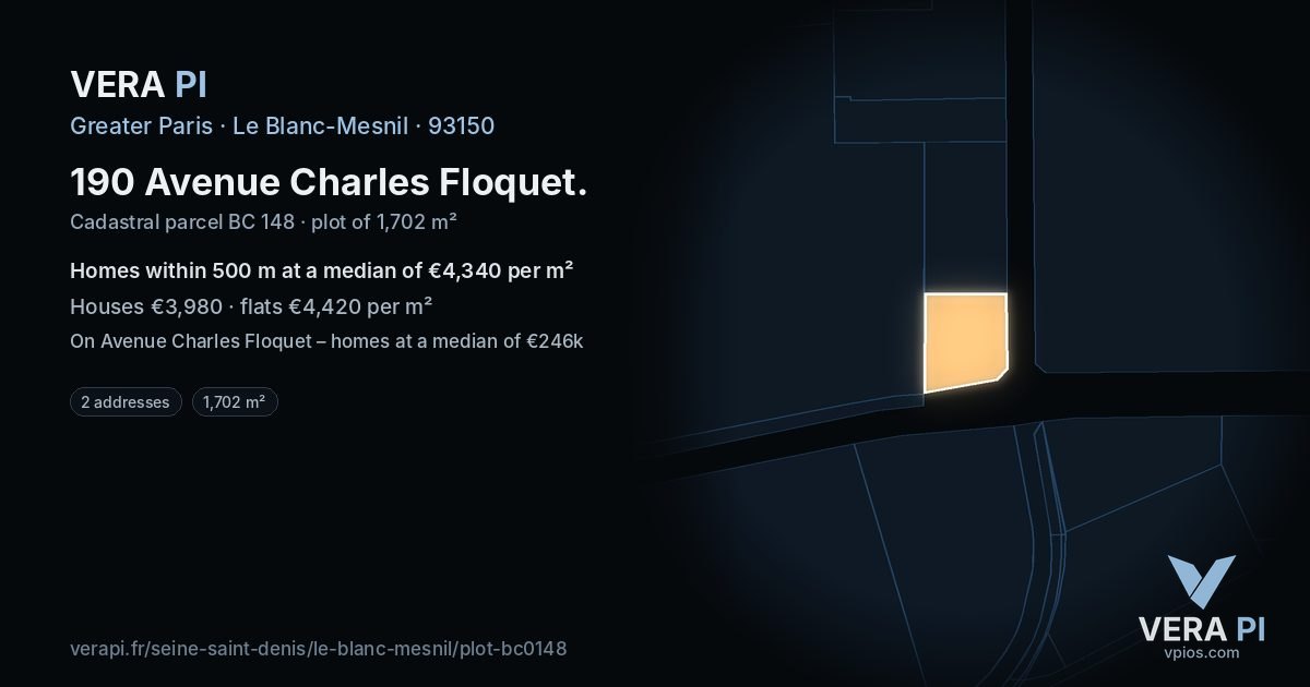 190 Avenue Charles Floquet, Le Blanc-Mesnil at night – the plot lit, the parcels around coloured by the prices near them