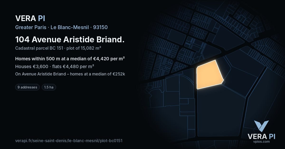 104 Avenue Aristide Briand, Le Blanc-Mesnil at night – the plot lit, the parcels around coloured by the prices near them