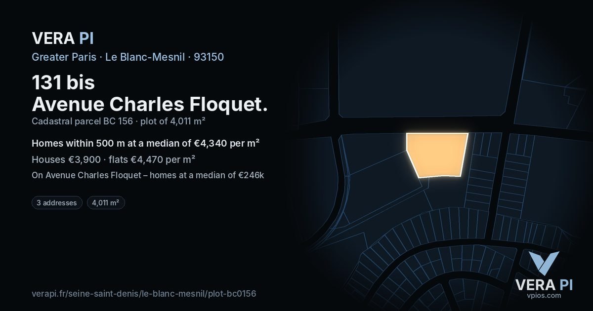 131 bis Avenue Charles Floquet, Le Blanc-Mesnil at night – the plot lit, the parcels around coloured by the prices near them