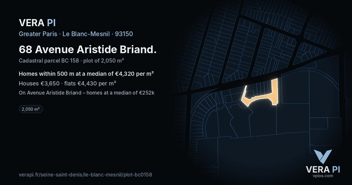 68 Avenue Aristide Briand, Le Blanc-Mesnil at night – the plot lit, the parcels around coloured by the prices near them