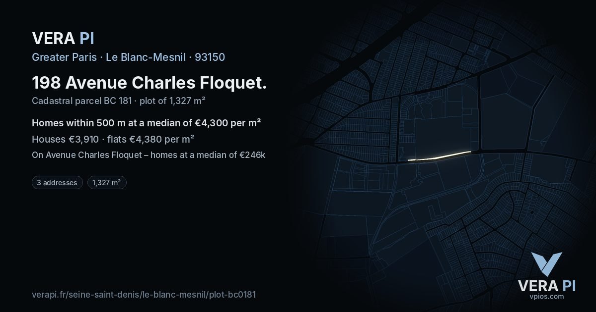 198 Avenue Charles Floquet, Le Blanc-Mesnil at night – the plot lit, the parcels around coloured by the prices near them
