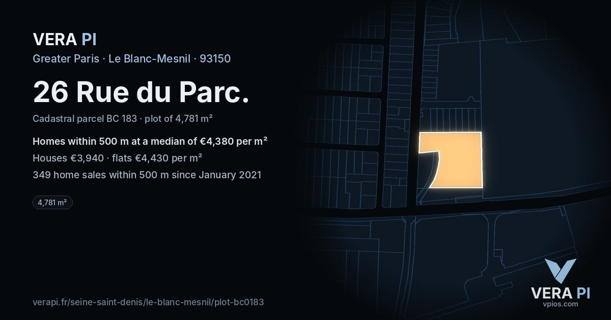 26 Rue du Parc, Le Blanc-Mesnil at night – the plot lit, the parcels around coloured by the prices near them