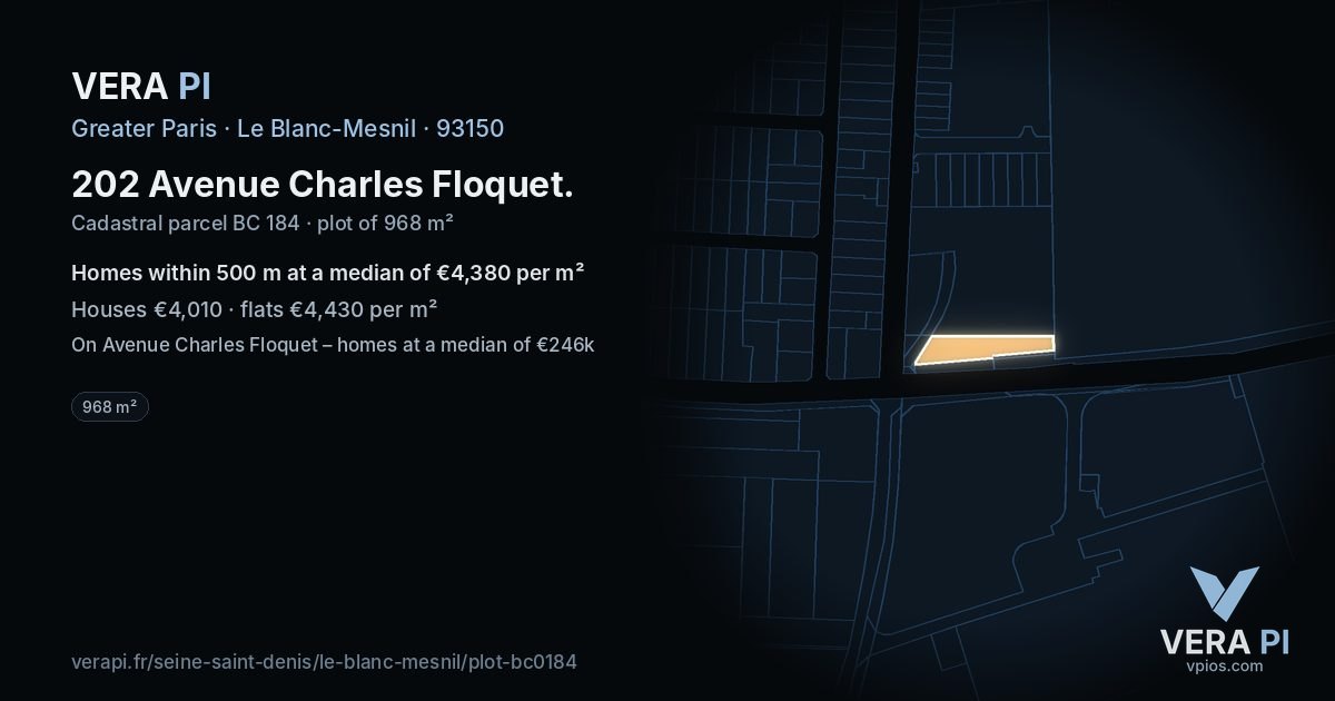 202 Avenue Charles Floquet, Le Blanc-Mesnil at night – the plot lit, the parcels around coloured by the prices near them