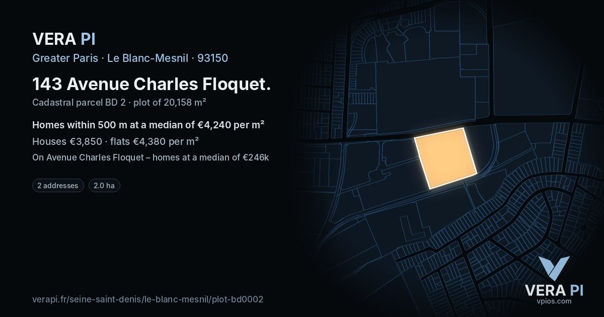 143 Avenue Charles Floquet, Le Blanc-Mesnil at night – the plot lit, the parcels around coloured by the prices near them