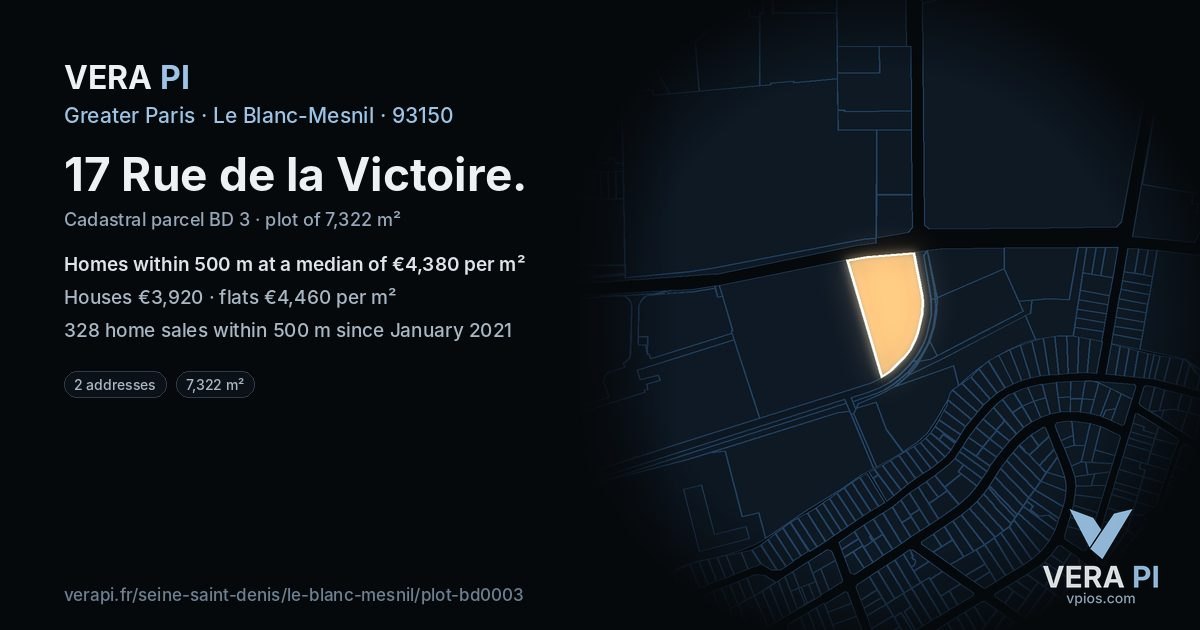 17 Rue de la Victoire, Le Blanc-Mesnil at night – the plot lit, the parcels around coloured by the prices near them