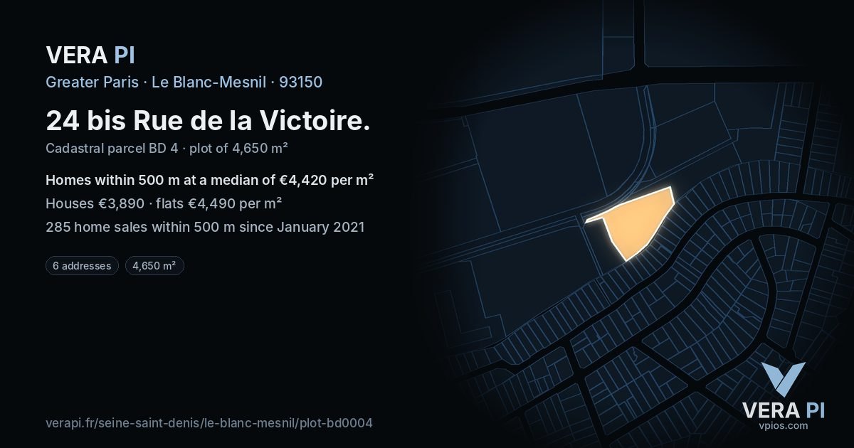 24 bis Rue de la Victoire, Le Blanc-Mesnil at night – the plot lit, the parcels around coloured by the prices near them