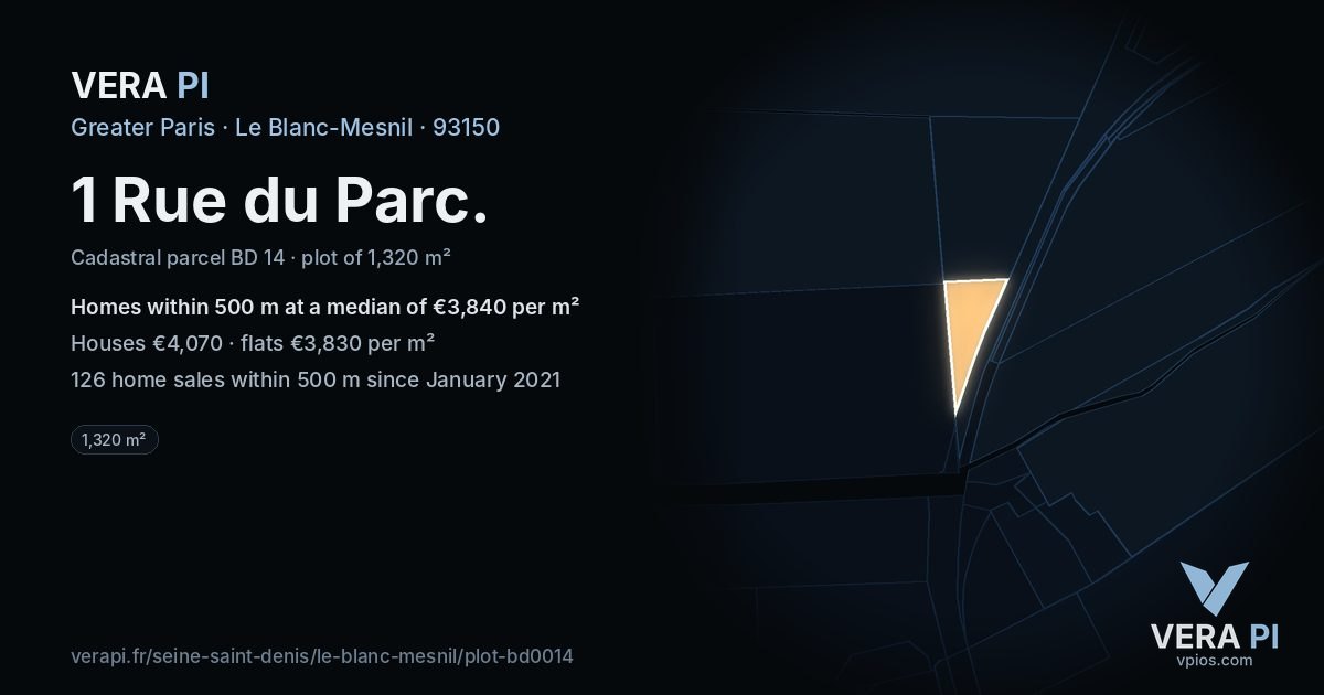 1 Rue du Parc, Le Blanc-Mesnil at night – the plot lit, the parcels around coloured by the prices near them