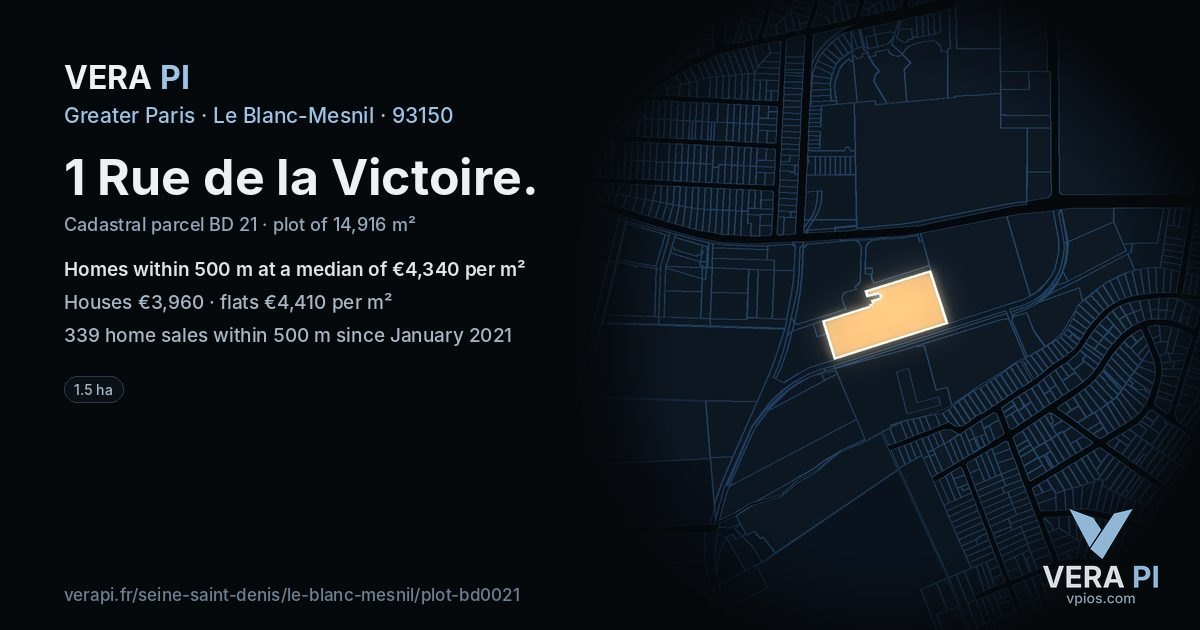 1 Rue de la Victoire, Le Blanc-Mesnil at night – the plot lit, the parcels around coloured by the prices near them