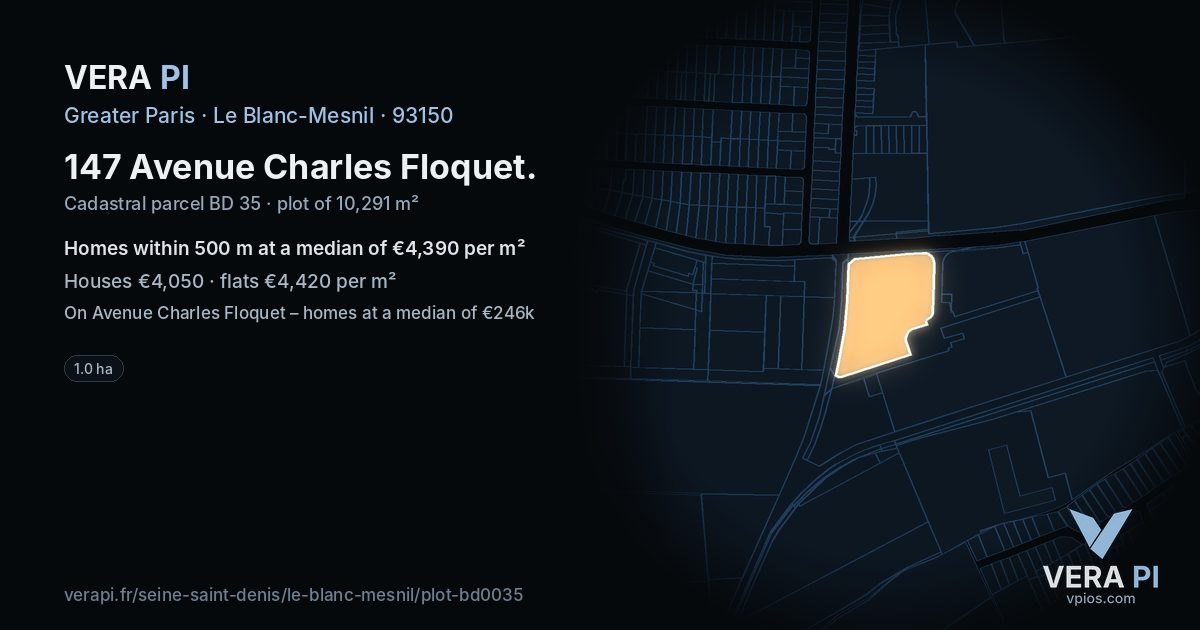 147 Avenue Charles Floquet, Le Blanc-Mesnil at night – the plot lit, the parcels around coloured by the prices near them