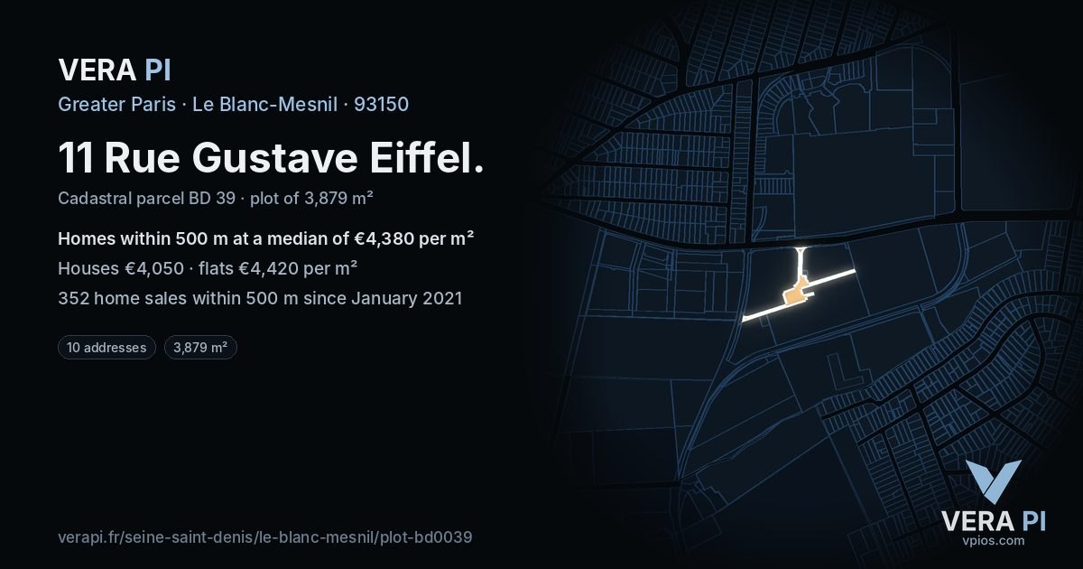 11 Rue Gustave Eiffel, Le Blanc-Mesnil at night – the plot lit, the parcels around coloured by the prices near them