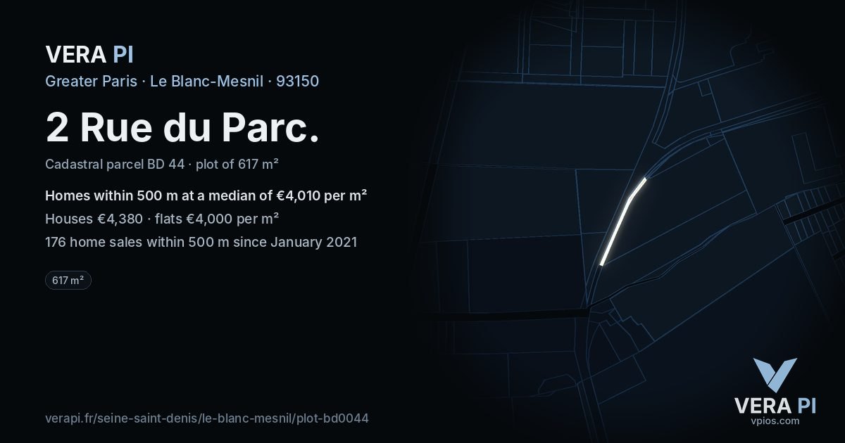 2 Rue du Parc, Le Blanc-Mesnil at night – the plot lit, the parcels around coloured by the prices near them