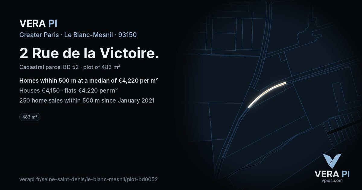 2 Rue de la Victoire, Le Blanc-Mesnil at night – the plot lit, the parcels around coloured by the prices near them