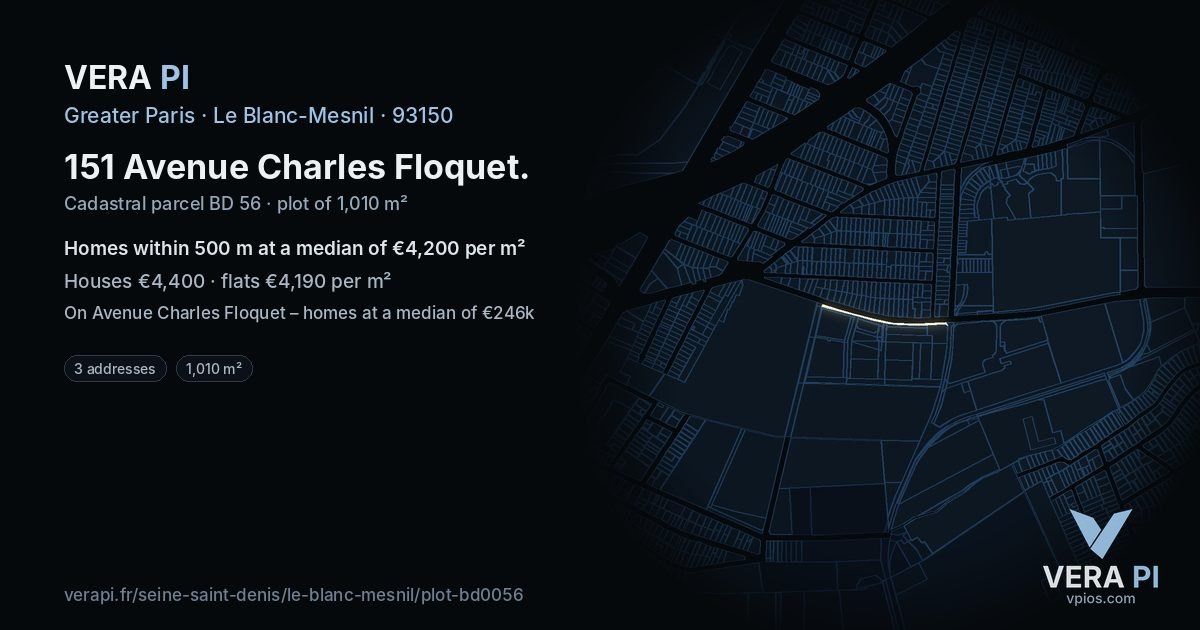 151 Avenue Charles Floquet, Le Blanc-Mesnil at night – the plot lit, the parcels around coloured by the prices near them