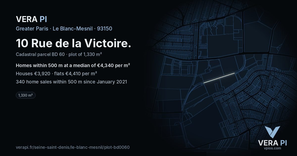 10 Rue de la Victoire, Le Blanc-Mesnil at night – the plot lit, the parcels around coloured by the prices near them