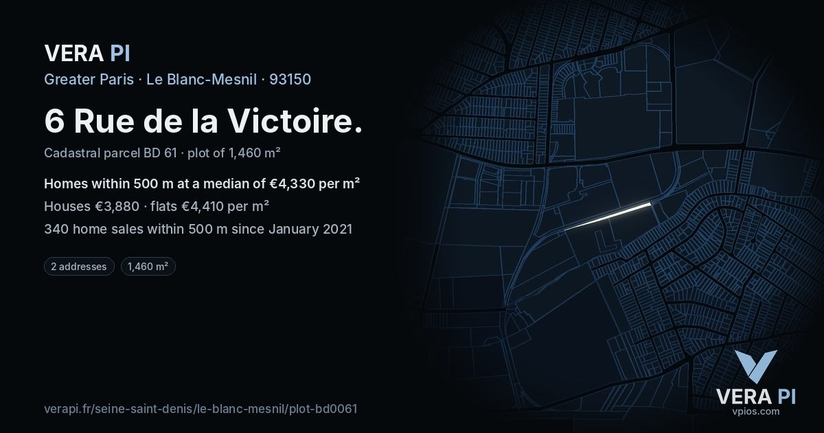 6 Rue de la Victoire, Le Blanc-Mesnil at night – the plot lit, the parcels around coloured by the prices near them