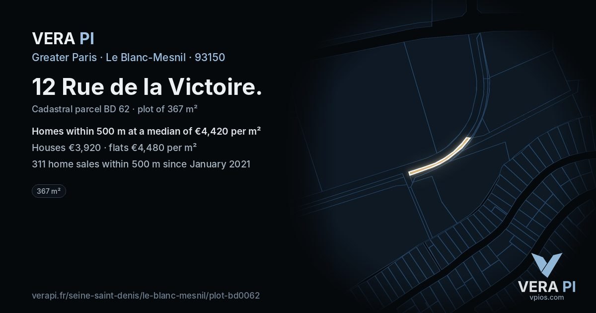 12 Rue de la Victoire, Le Blanc-Mesnil at night – the plot lit, the parcels around coloured by the prices near them