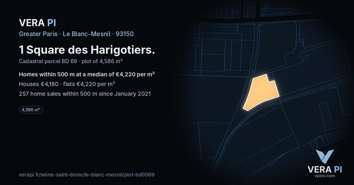 1 Square des Harigotiers, Le Blanc-Mesnil at night – the plot lit, the parcels around coloured by the prices near them