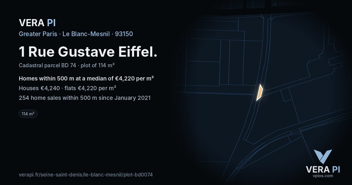 1 Rue Gustave Eiffel, Le Blanc-Mesnil at night – the plot lit, the parcels around coloured by the prices near them