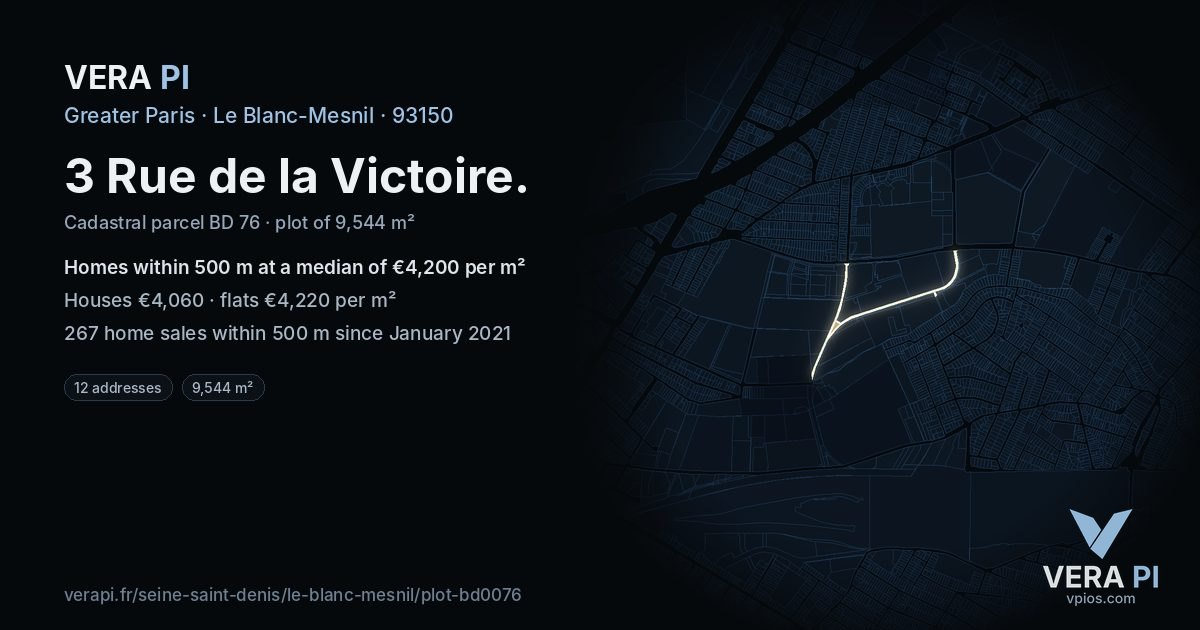 3 Rue de la Victoire, Le Blanc-Mesnil at night – the plot lit, the parcels around coloured by the prices near them