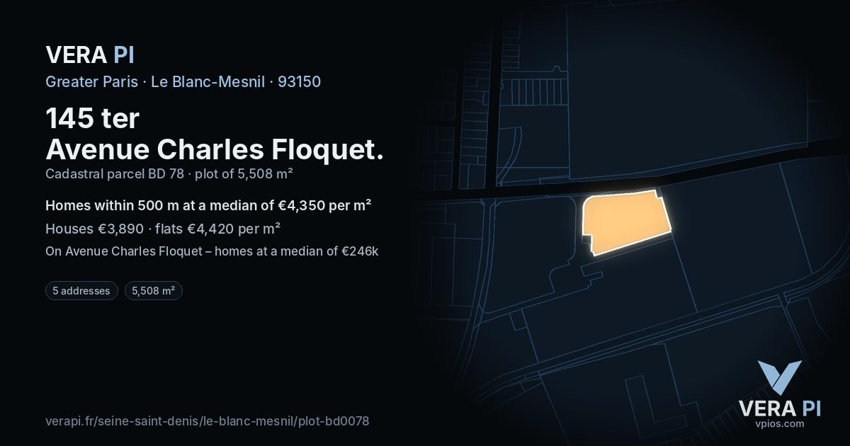 145 ter Avenue Charles Floquet, Le Blanc-Mesnil at night – the plot lit, the parcels around coloured by the prices near them