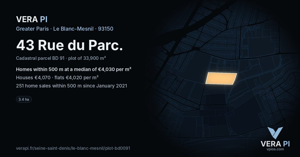 43 Rue du Parc, Le Blanc-Mesnil at night – the plot lit, the parcels around coloured by the prices near them