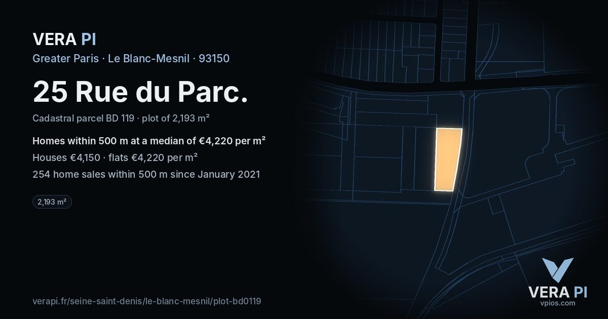 25 Rue du Parc, Le Blanc-Mesnil at night – the plot lit, the parcels around coloured by the prices near them
