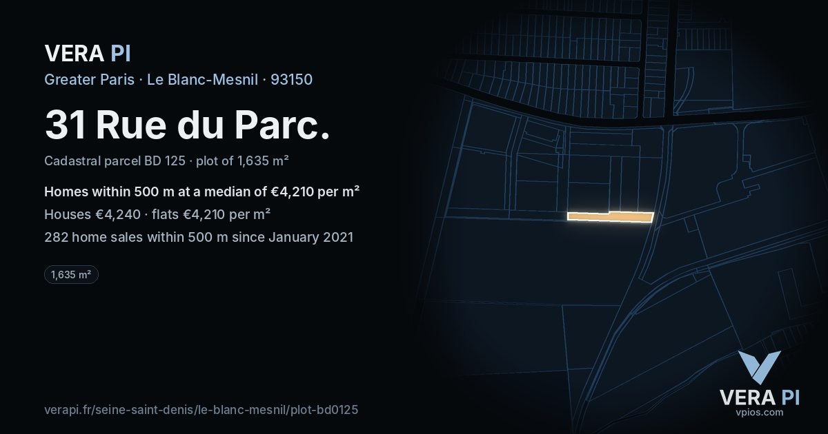 31 Rue du Parc, Le Blanc-Mesnil at night – the plot lit, the parcels around coloured by the prices near them