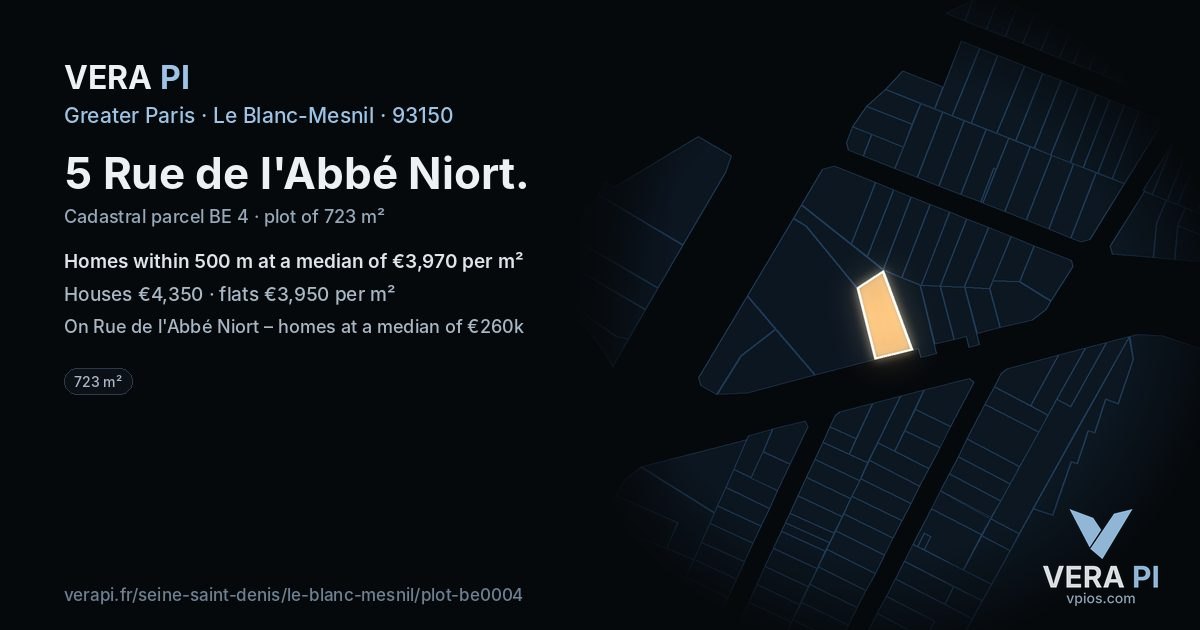 5 Rue de l'Abbé Niort, Le Blanc-Mesnil at night – the plot lit, the parcels around coloured by the prices near them