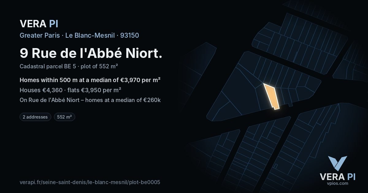 9 Rue de l'Abbé Niort, Le Blanc-Mesnil at night – the plot lit, the parcels around coloured by the prices near them