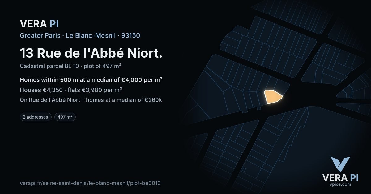13 Rue de l'Abbé Niort, Le Blanc-Mesnil at night – the plot lit, the parcels around coloured by the prices near them