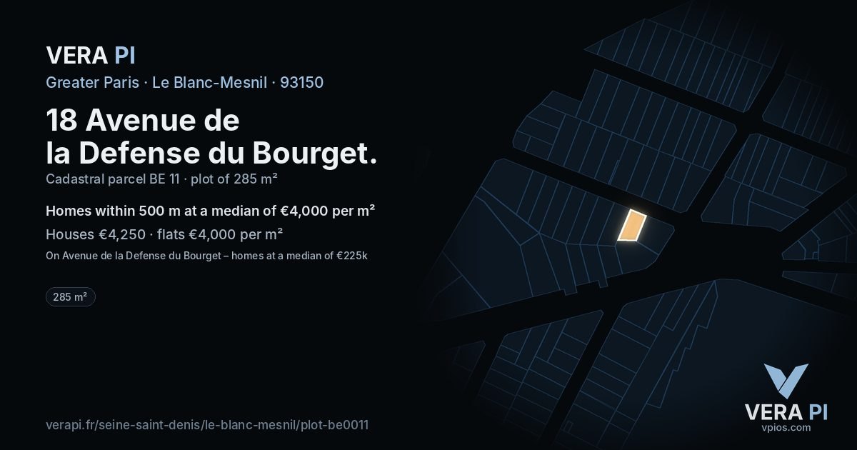 18 Avenue de la Defense du Bourget, Le Blanc-Mesnil at night – the plot lit, the parcels around coloured by the prices near them