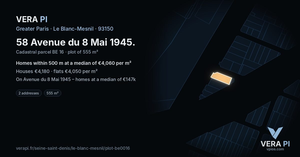 58 Avenue du 8 Mai 1945, Le Blanc-Mesnil at night – the plot lit, the parcels around coloured by the prices near them