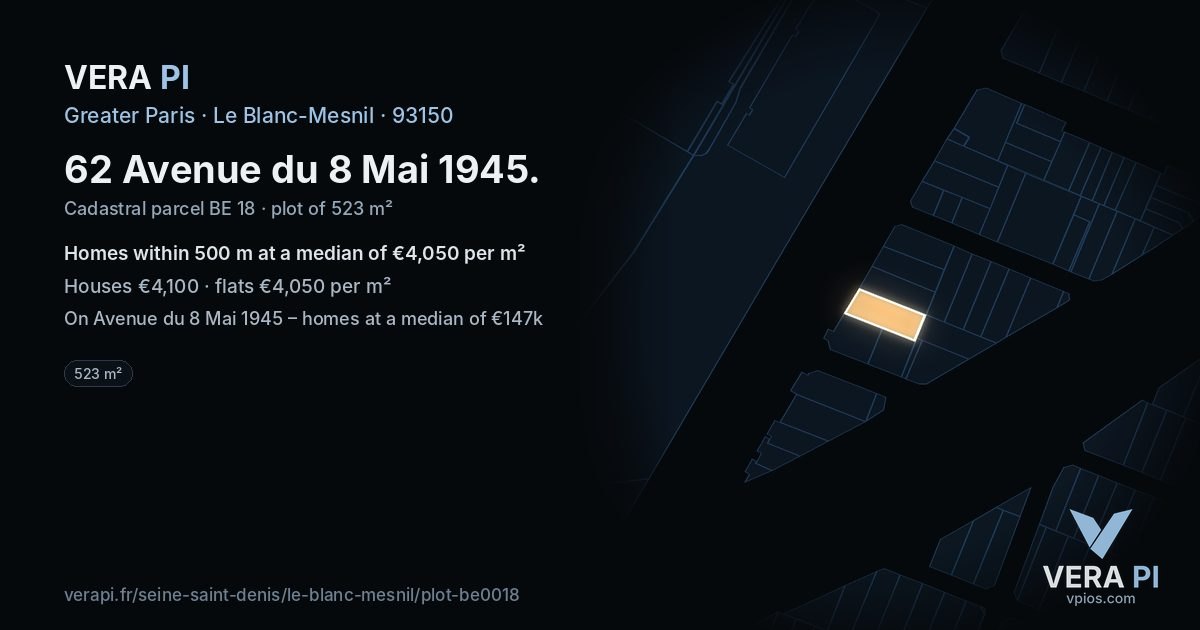 62 Avenue du 8 Mai 1945, Le Blanc-Mesnil at night – the plot lit, the parcels around coloured by the prices near them