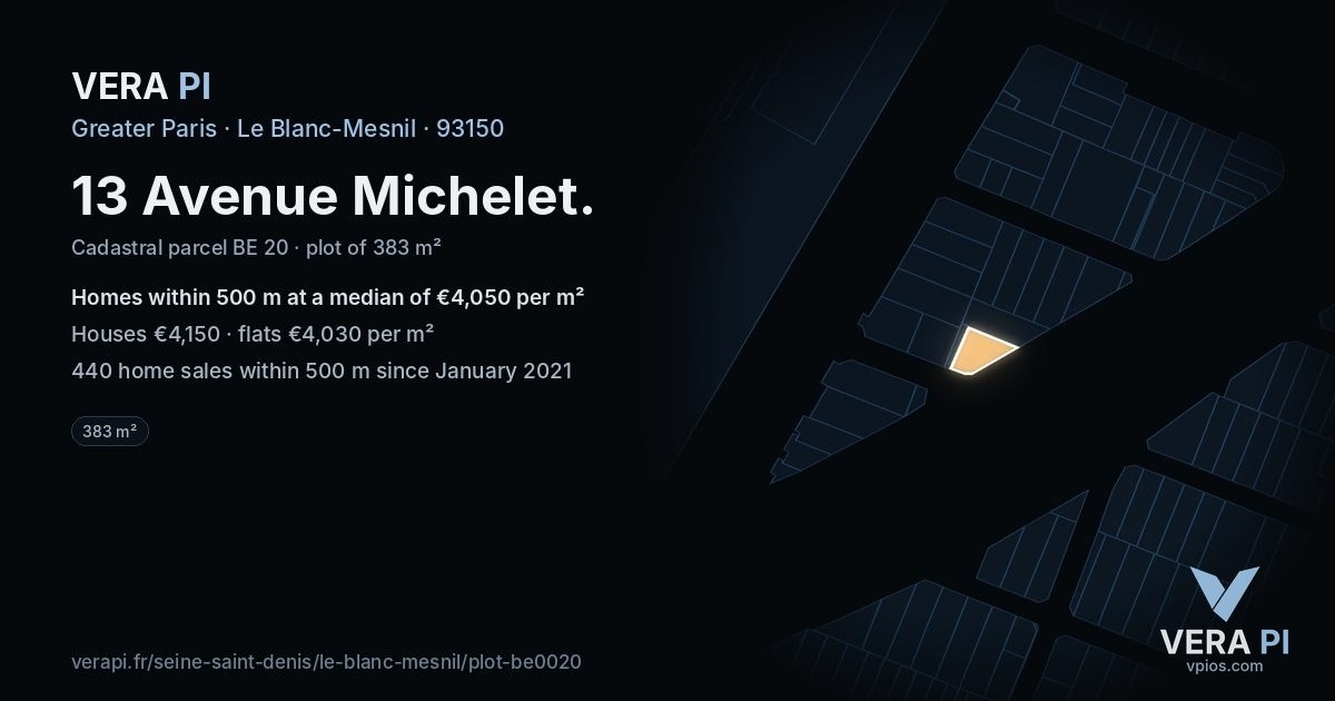 13 Avenue Michelet, Le Blanc-Mesnil at night – the plot lit, the parcels around coloured by the prices near them
