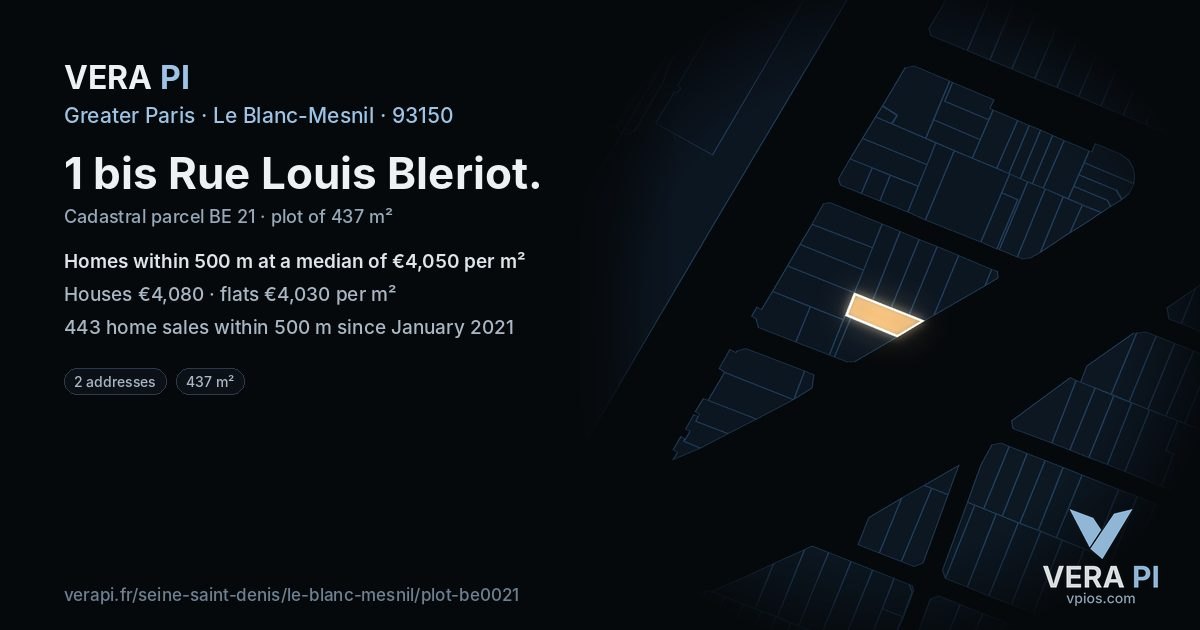 1 bis Rue Louis Bleriot, Le Blanc-Mesnil at night – the plot lit, the parcels around coloured by the prices near them