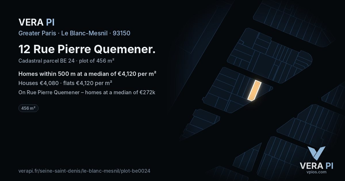 12 Rue Pierre Quemener, Le Blanc-Mesnil at night – the plot lit, the parcels around coloured by the prices near them