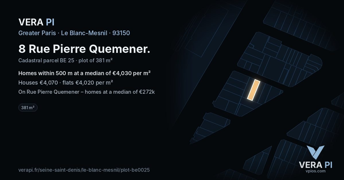 8 Rue Pierre Quemener, Le Blanc-Mesnil at night – the plot lit, the parcels around coloured by the prices near them