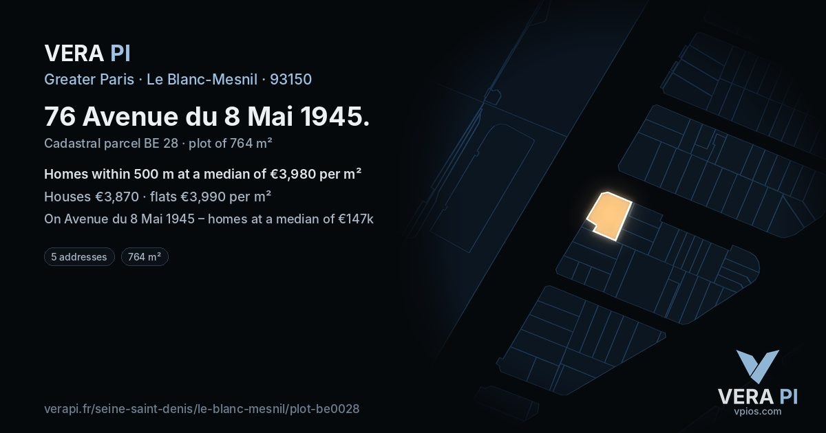 76 Avenue du 8 Mai 1945, Le Blanc-Mesnil at night – the plot lit, the parcels around coloured by the prices near them
