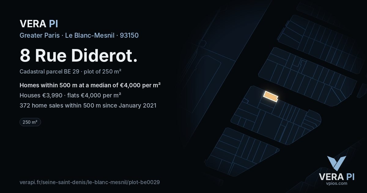 8 Rue Diderot, Le Blanc-Mesnil at night – the plot lit, the parcels around coloured by the prices near them