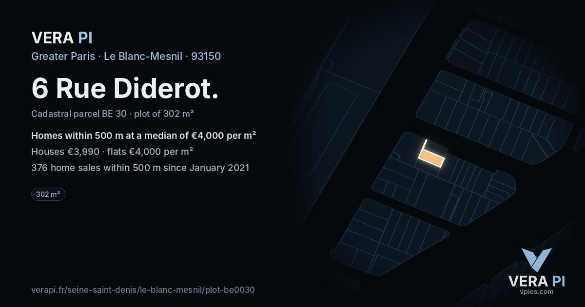 6 Rue Diderot, Le Blanc-Mesnil at night – the plot lit, the parcels around coloured by the prices near them