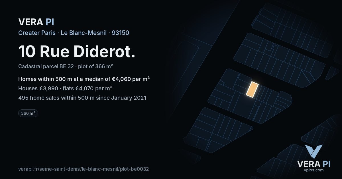 10 Rue Diderot, Le Blanc-Mesnil at night – the plot lit, the parcels around coloured by the prices near them