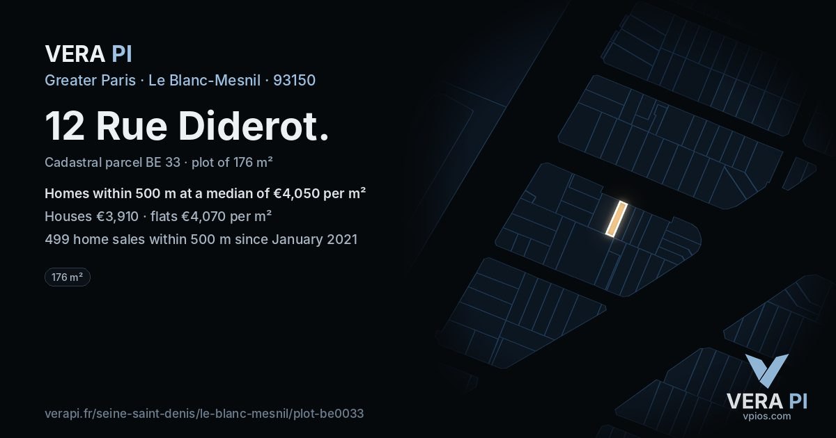 12 Rue Diderot, Le Blanc-Mesnil at night – the plot lit, the parcels around coloured by the prices near them