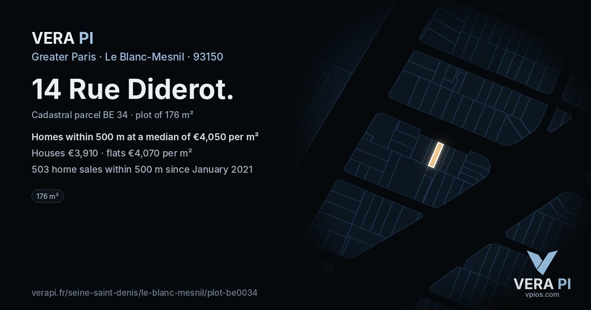 14 Rue Diderot, Le Blanc-Mesnil at night – the plot lit, the parcels around coloured by the prices near them