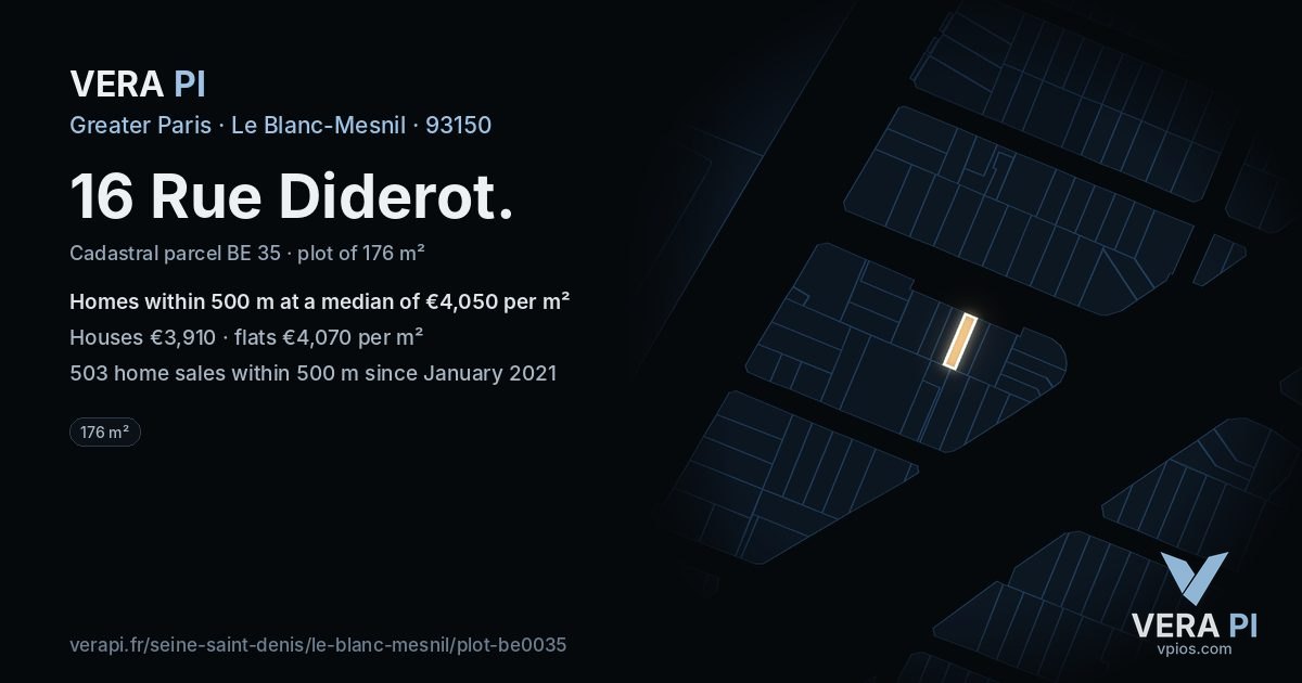 16 Rue Diderot, Le Blanc-Mesnil at night – the plot lit, the parcels around coloured by the prices near them