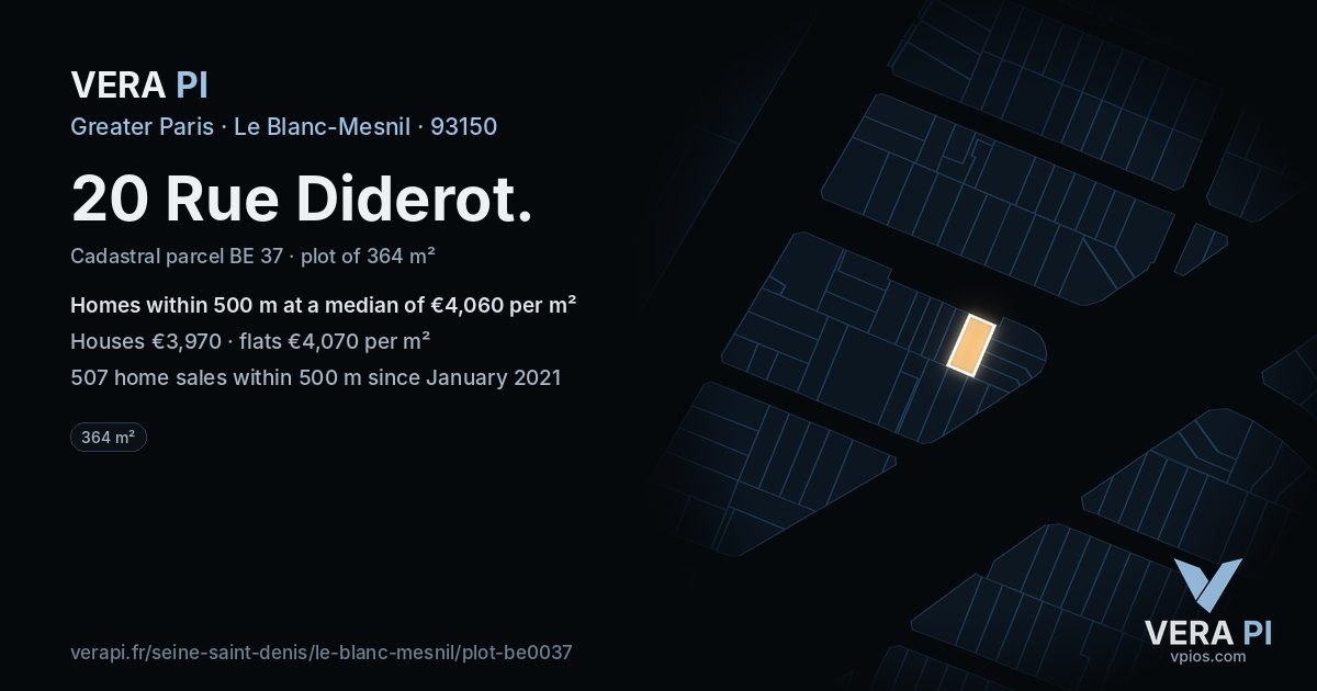 20 Rue Diderot, Le Blanc-Mesnil at night – the plot lit, the parcels around coloured by the prices near them