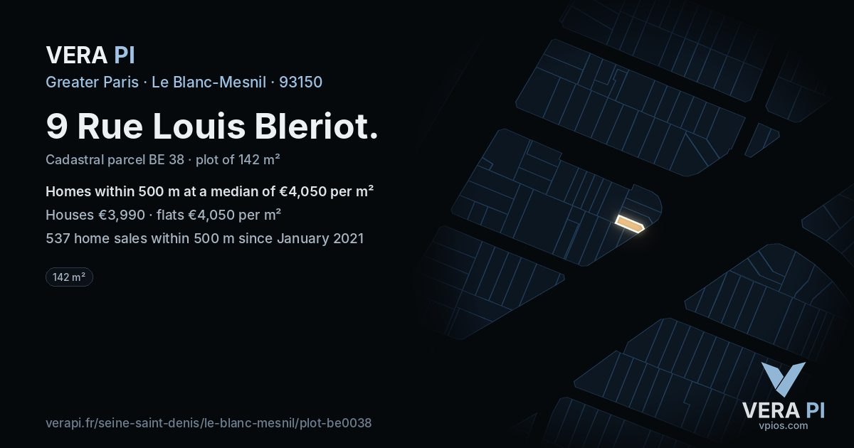 9 Rue Louis Bleriot, Le Blanc-Mesnil at night – the plot lit, the parcels around coloured by the prices near them