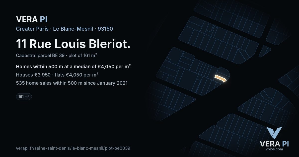 11 Rue Louis Bleriot, Le Blanc-Mesnil at night – the plot lit, the parcels around coloured by the prices near them