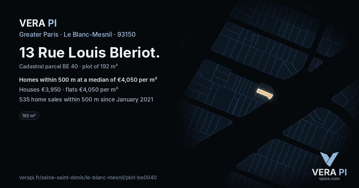 13 Rue Louis Bleriot, Le Blanc-Mesnil at night – the plot lit, the parcels around coloured by the prices near them