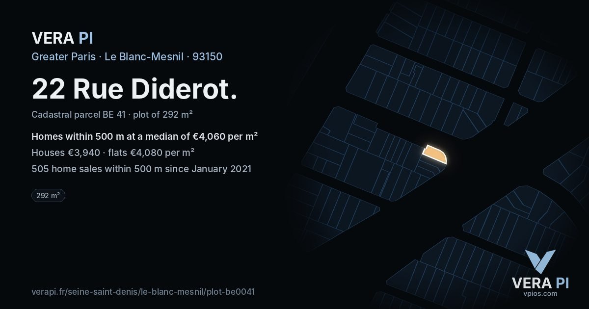 22 Rue Diderot, Le Blanc-Mesnil at night – the plot lit, the parcels around coloured by the prices near them